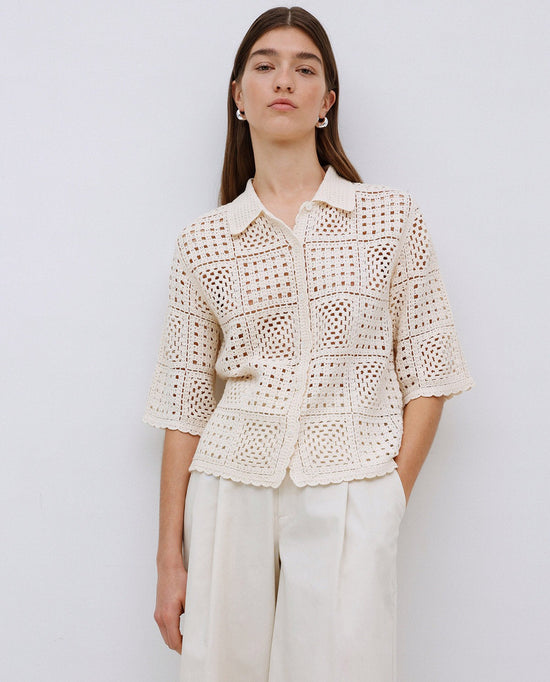 Load image into Gallery viewer, Yerse ECRU CROCHET-EFFECT CARDIGAN
