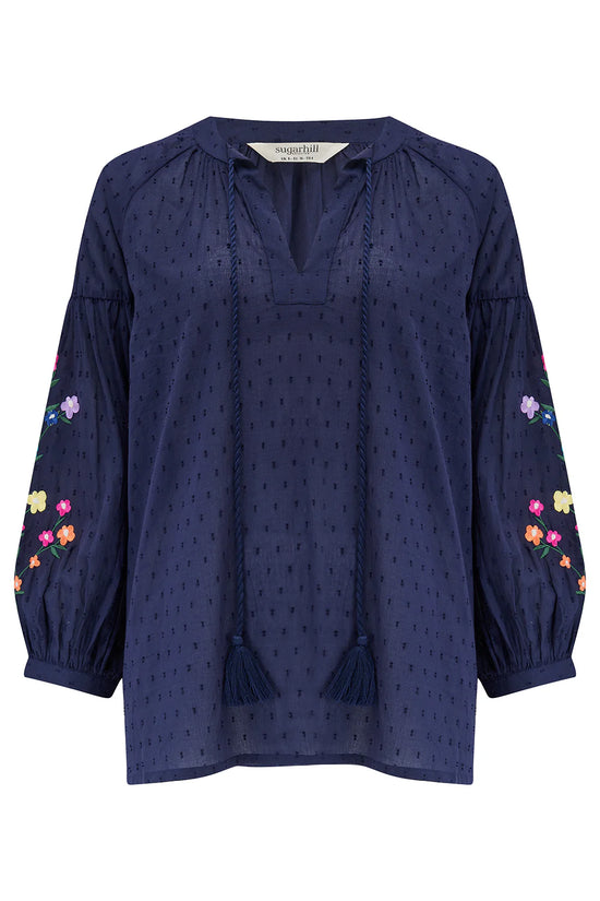Load image into Gallery viewer, Sugarhill Brighton Delphi Boho Top - Navy, Rainbow Flowers
