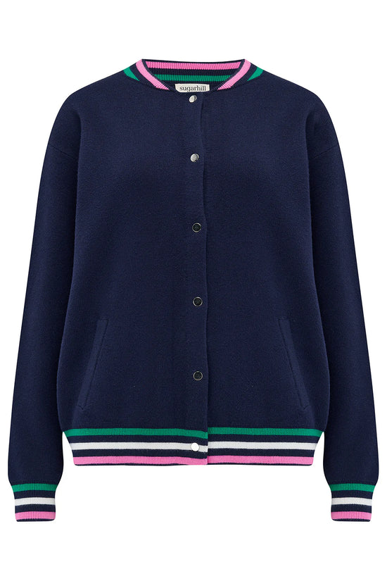 Sugarhill Brighton Monay Knitted Bomber - Navy, Sports Stripe