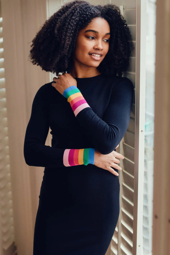 Sugarhill Brighton Liselle Midi Knit Dress - Black, Rainbow Stripe Cuffs