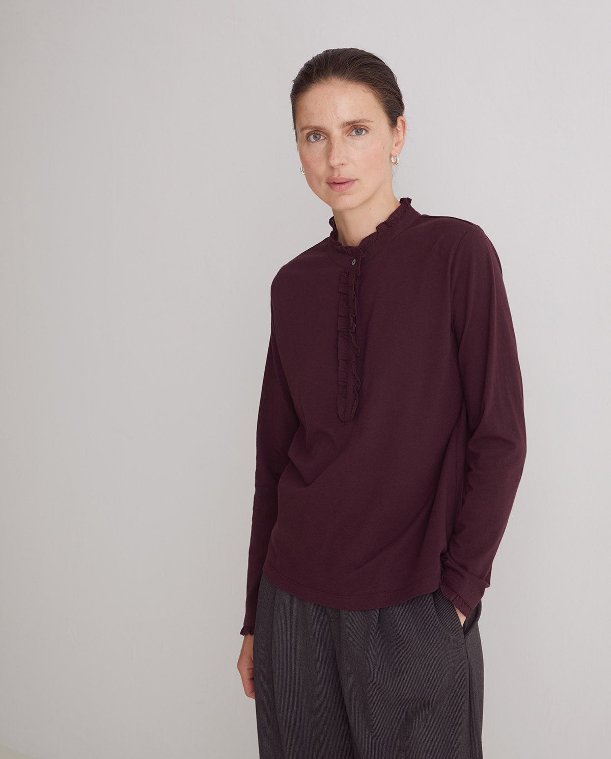 Yerse AUBERGINE 100% COTTON T-SHIRT WITH RUFFLES