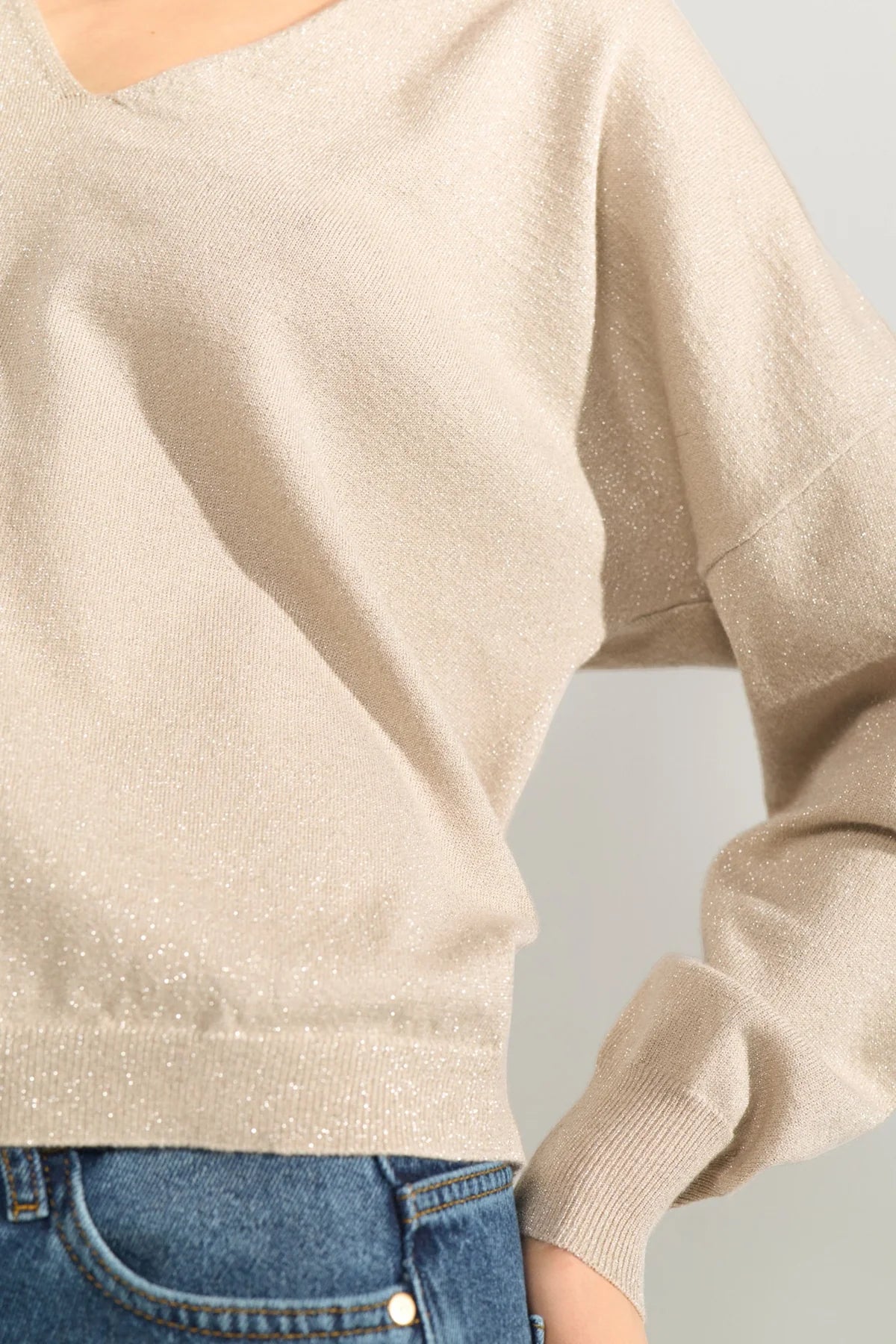 Numph NUDAYLETTA LUREX V-NECK PULLOVER - Whitecap Gray
