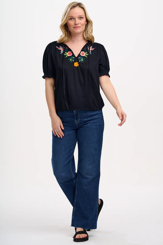Load image into Gallery viewer, Sugarhill Brighton Angelique Shirred Top - Black, Tropical Hummingbird
