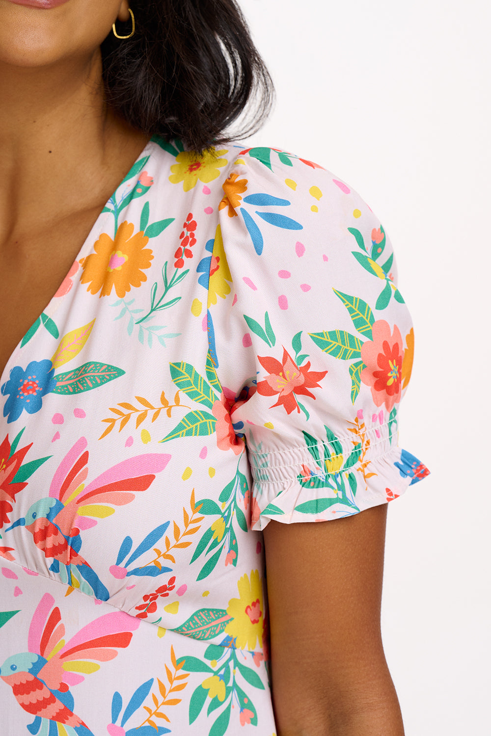 Sugarhill Brighton  Maryjane Midi Dress - Off-White, Tropical Hummingbird