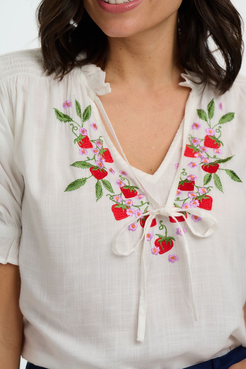 Sugarhill Brighton Angelique Shirred Top - Off White, Wild Strawberry