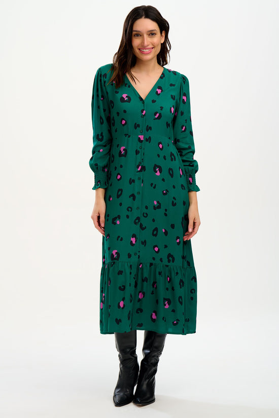 Sugarhill Brighton Gwen Midi Tiered Dress - Green, Colour Pop Leopard