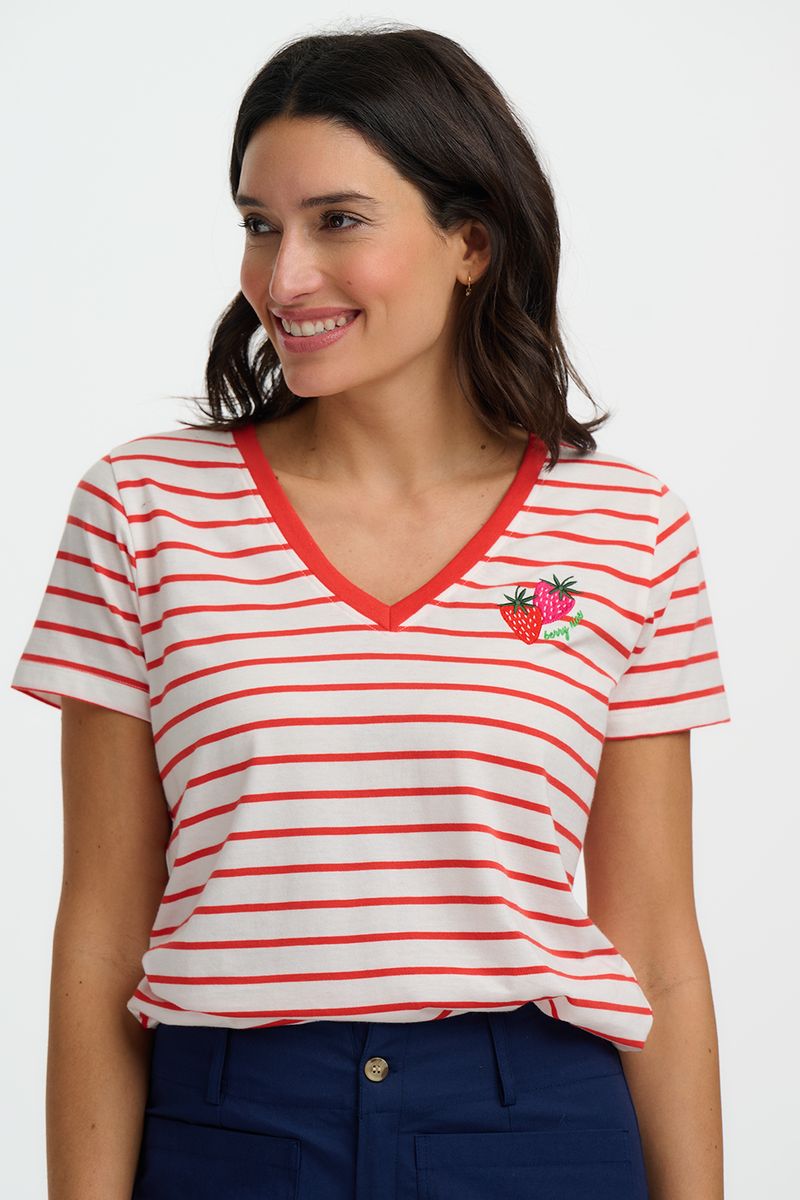 Sugarhill Brighton  Khloe V-Neck T-Shirt - Red/Off White Stripe, Strawberry