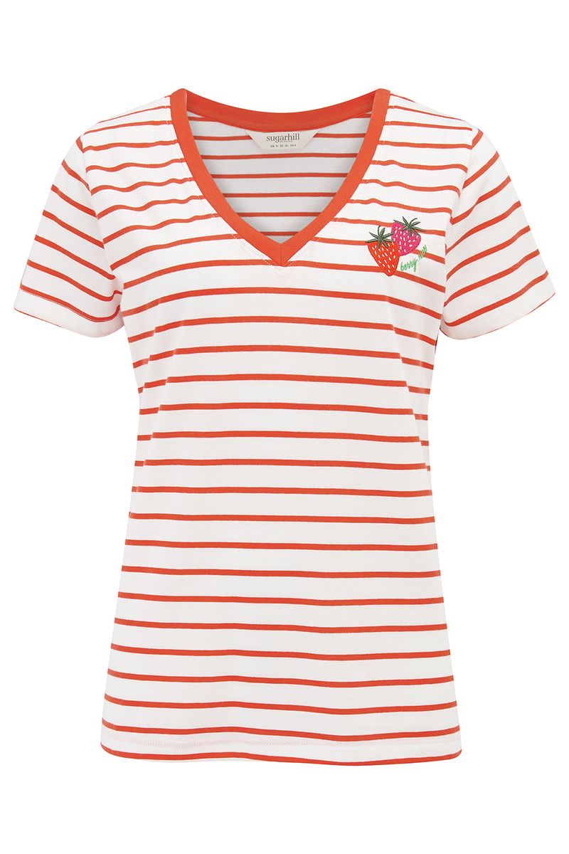 Sugarhill Brighton  Khloe V-Neck T-Shirt - Red/Off White Stripe, Strawberry