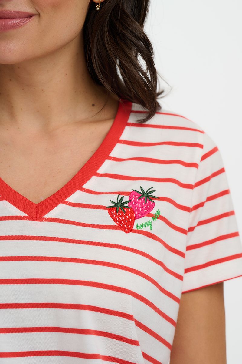 Sugarhill Brighton  Khloe V-Neck T-Shirt - Red/Off White Stripe, Strawberry