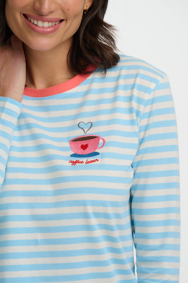 Sugarhill Brighton Brunswick Jersey Top - Off White/Blue, Coffee Cup