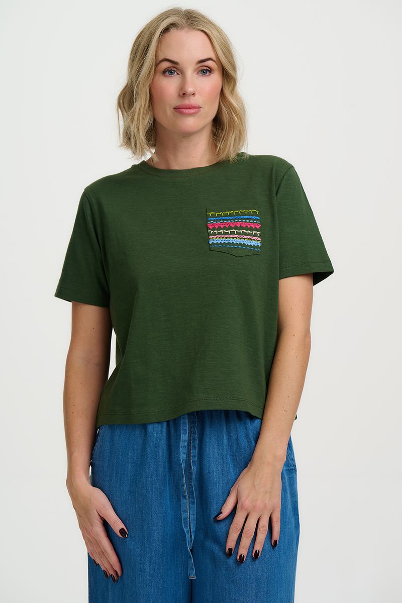 Sugarhill Brighton Tula Boxy T-Shirt - Olive, Aztec Embro