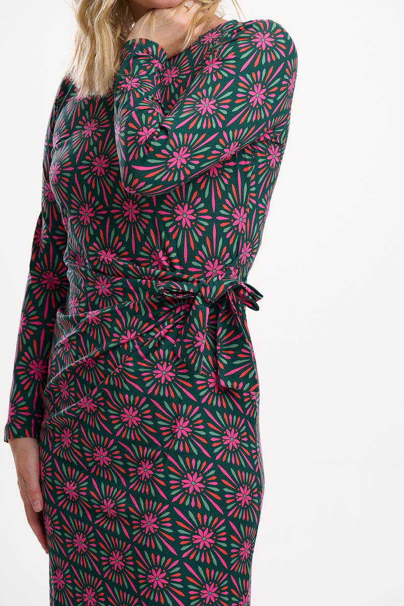 Sugarhill Brighton Claudia Jersey Tie Midi Dress - Green/Multi, Flower Explosion