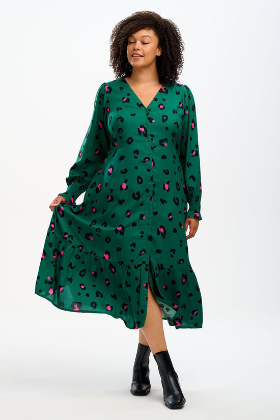 Sugarhill Brighton Gwen Midi Tiered Dress - Green, Colour Pop Leopard