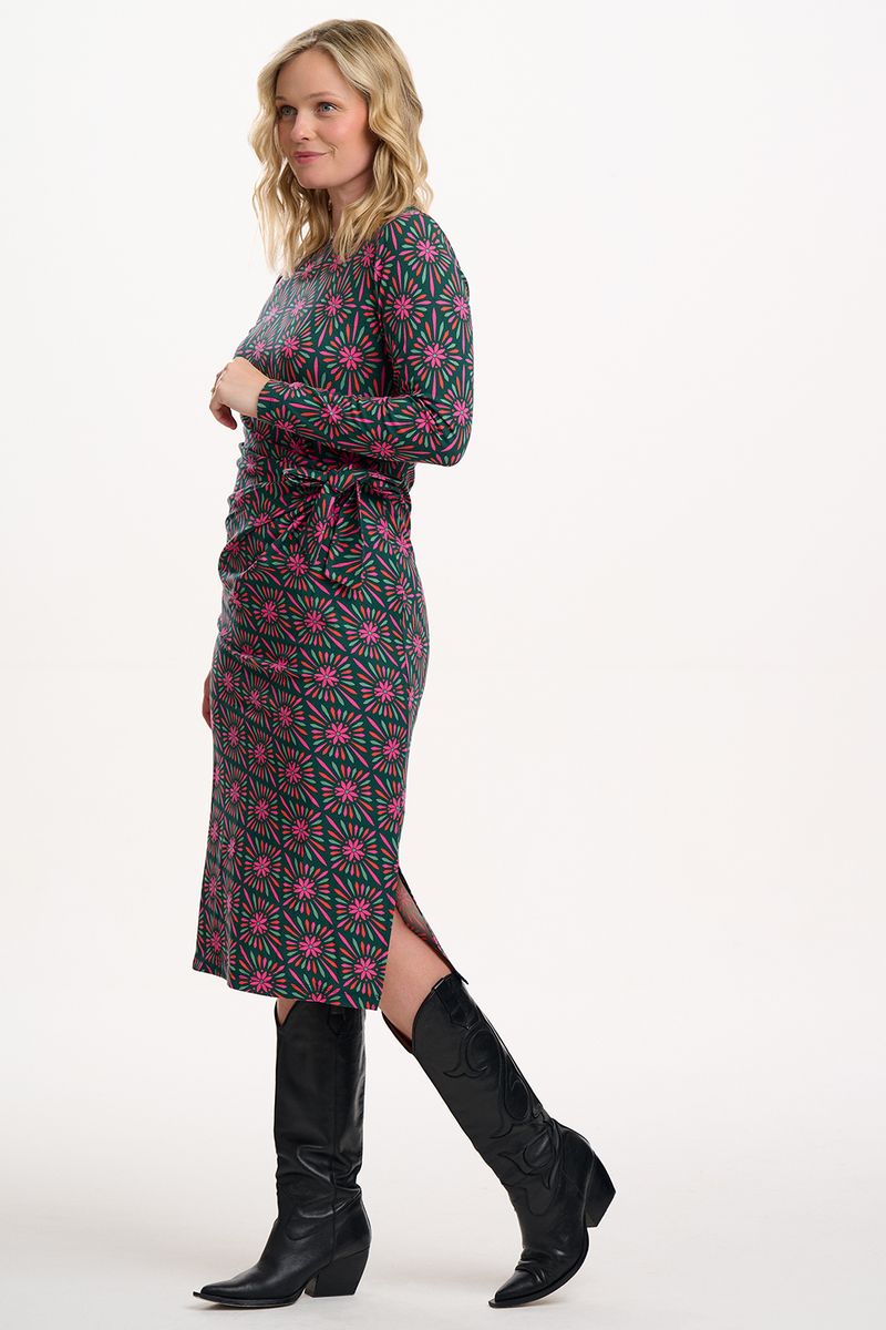 Sugarhill Brighton Claudia Jersey Tie Midi Dress - Green/Multi, Flower Explosion