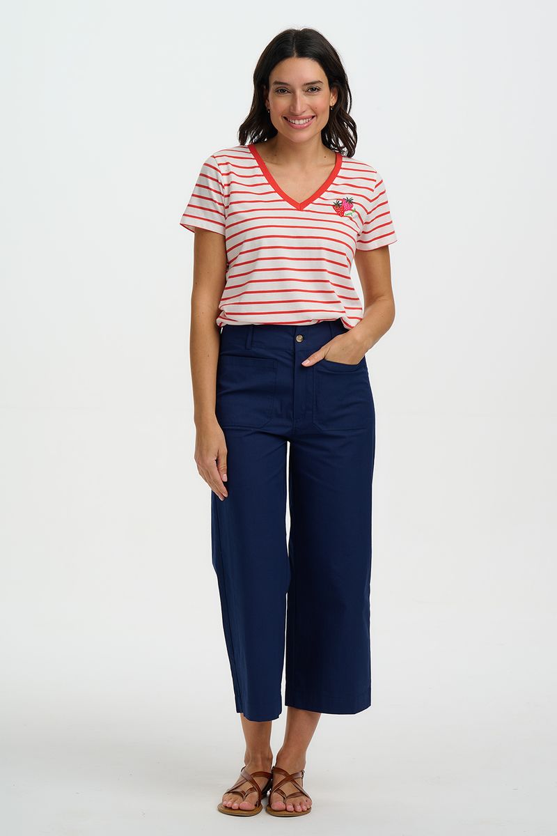 Sugarhill Brighton  Khloe V-Neck T-Shirt - Red/Off White Stripe, Strawberry