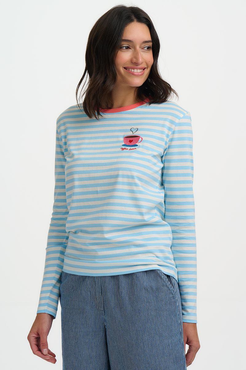 Sugarhill Brighton Brunswick Jersey Top - Off White/Blue, Coffee Cup