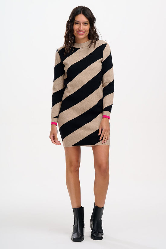 Sugarhill Brighton Verity Knit Dress - Beige/Black, Diagonal Stripe